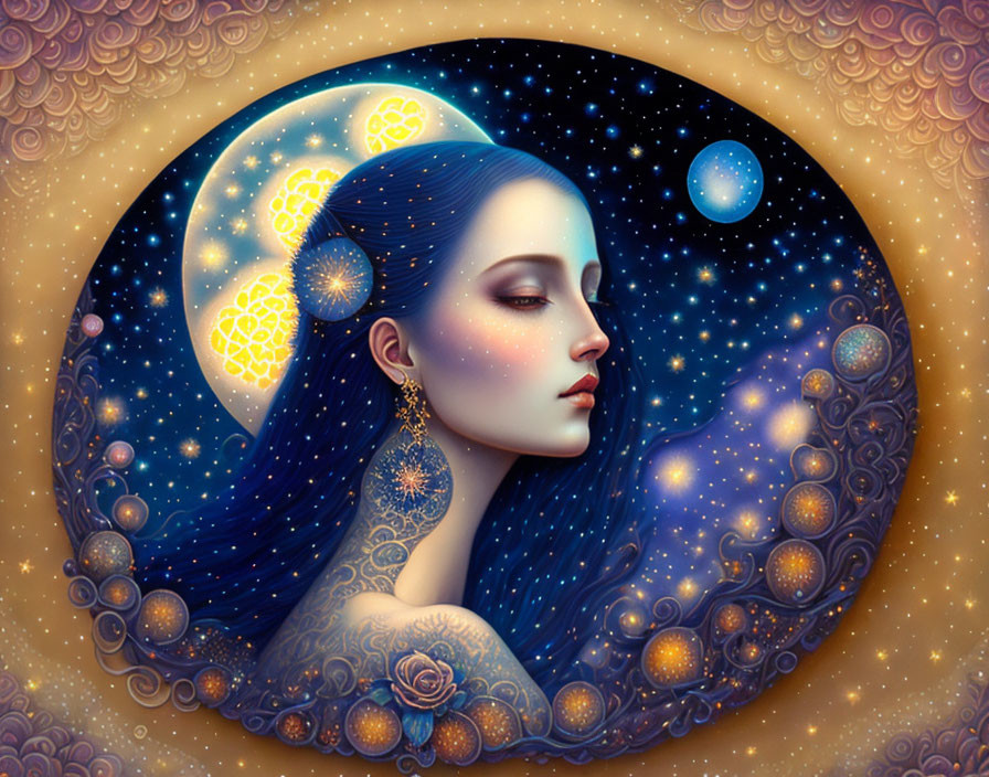 Illustrated woman with celestial hair in cosmic scene