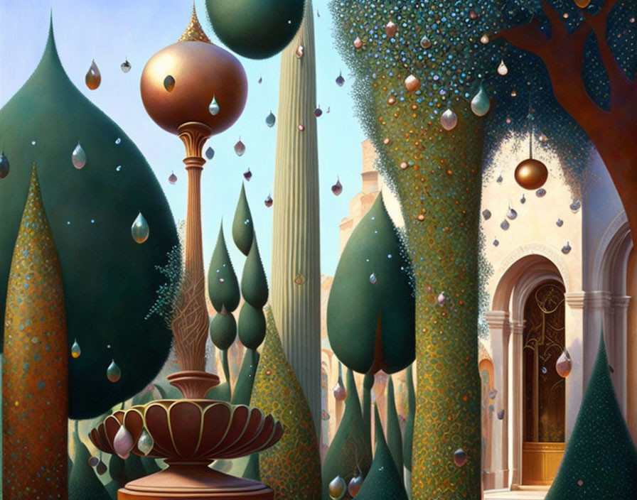 Surreal digital artwork of architecturally stylized room with surreal trees