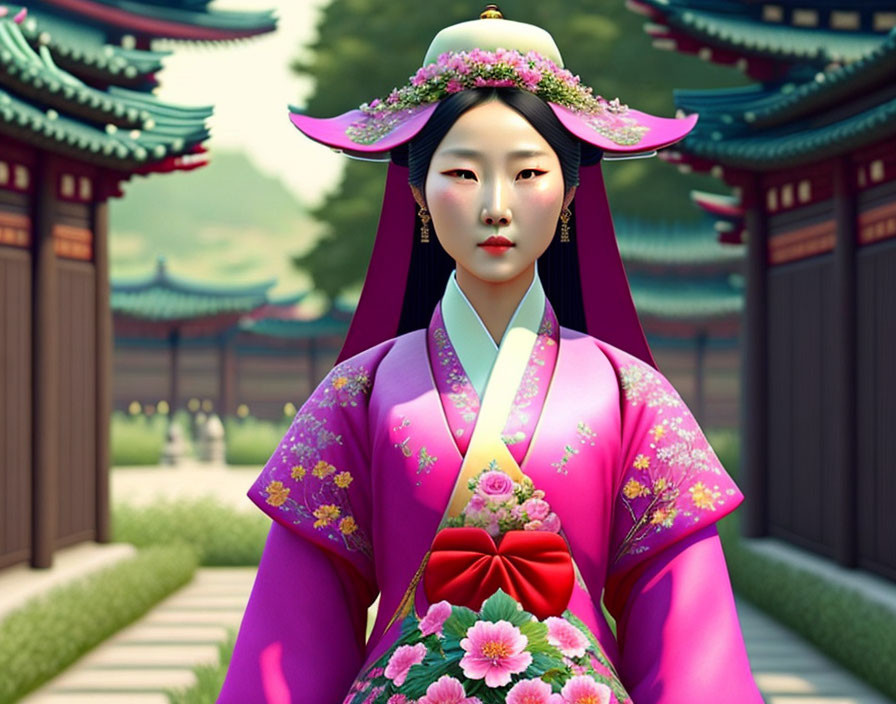 Vibrant pink Hanbok with floral decorations in Korean palace setting