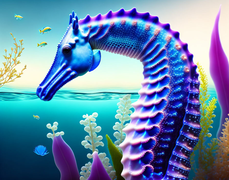 Colorful digital illustration of a blue seahorse in vibrant underwater scene