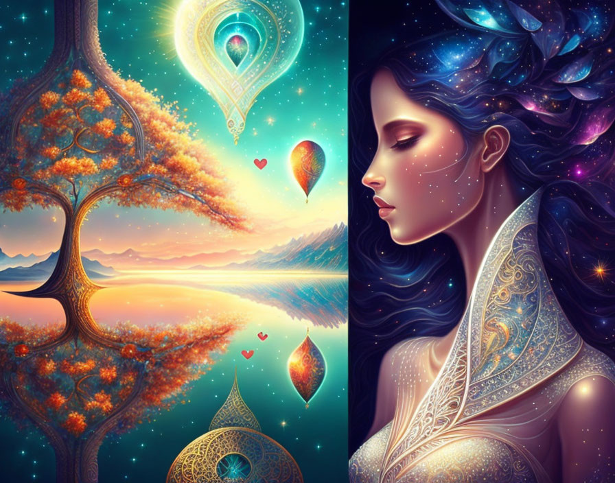 Split image: Woman with galaxy hair & mystical tree with heart-shaped lanterns in sunset landscape