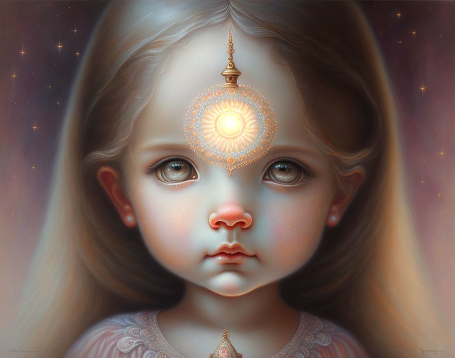 Young girl portrait with radiant symbol on forehead in surreal setting