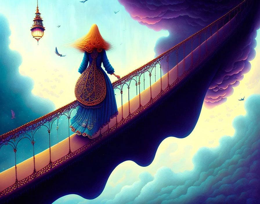 Person in Blue Dress Walking on Bridge Towards Lantern-Lit Tower