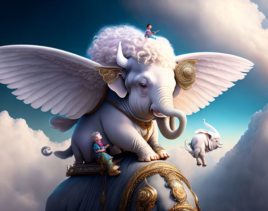 Fantastical image: Winged elephants with children riding.