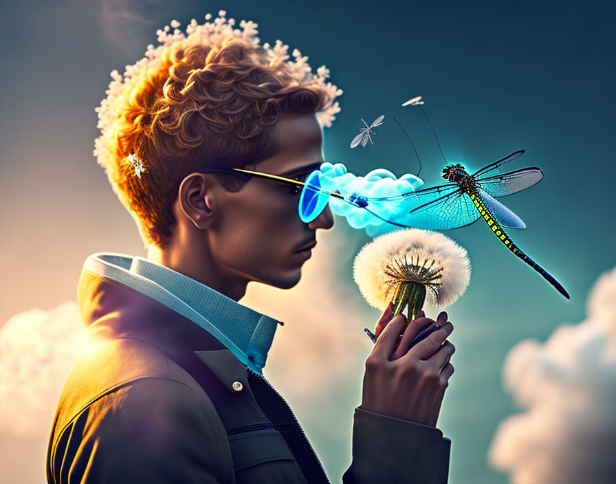 Person with sunglasses blowing mist onto dandelion attracts dragonfly and insects against cloudy sky.