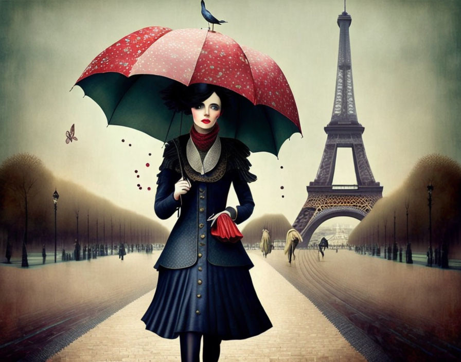 Woman with polka-dotted umbrella and crow by Eiffel Tower in surreal artwork