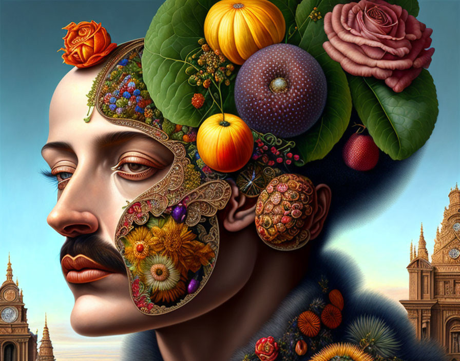 Vivid surreal portrait with fruit, flowers, and architecture elements.