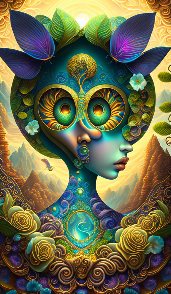 Colorful Stylized Female Figure with Exaggerated Eyes and Butterfly Wings