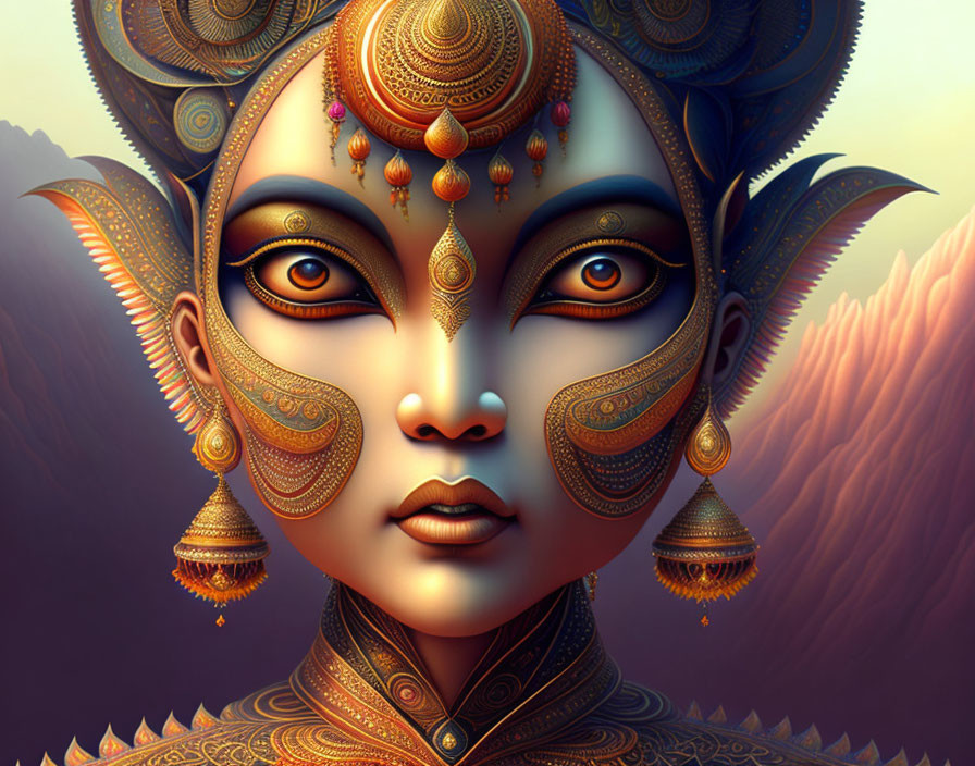 Stylized digital artwork: Female figure with golden facial adornments