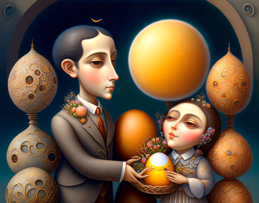 Surreal painting with stylized characters and ornate eggs on cosmic background