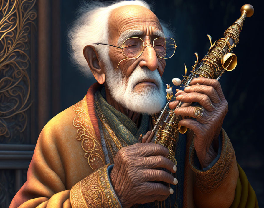 Elderly man playing ornate wind instrument in rich clothing