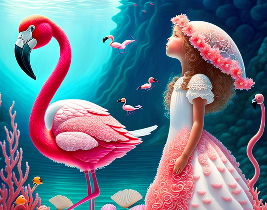 Young girl in white dress and pink hat by large pink flamingo in vibrant underwater scene with coral and