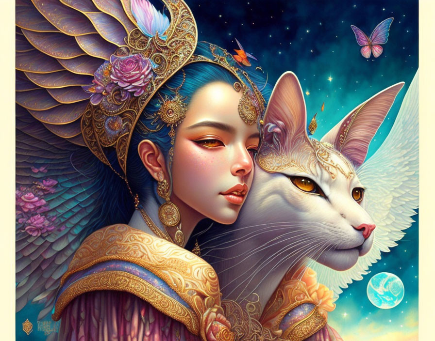 Fantastical illustration of woman with angelic wings embracing majestic cat in cosmic scene