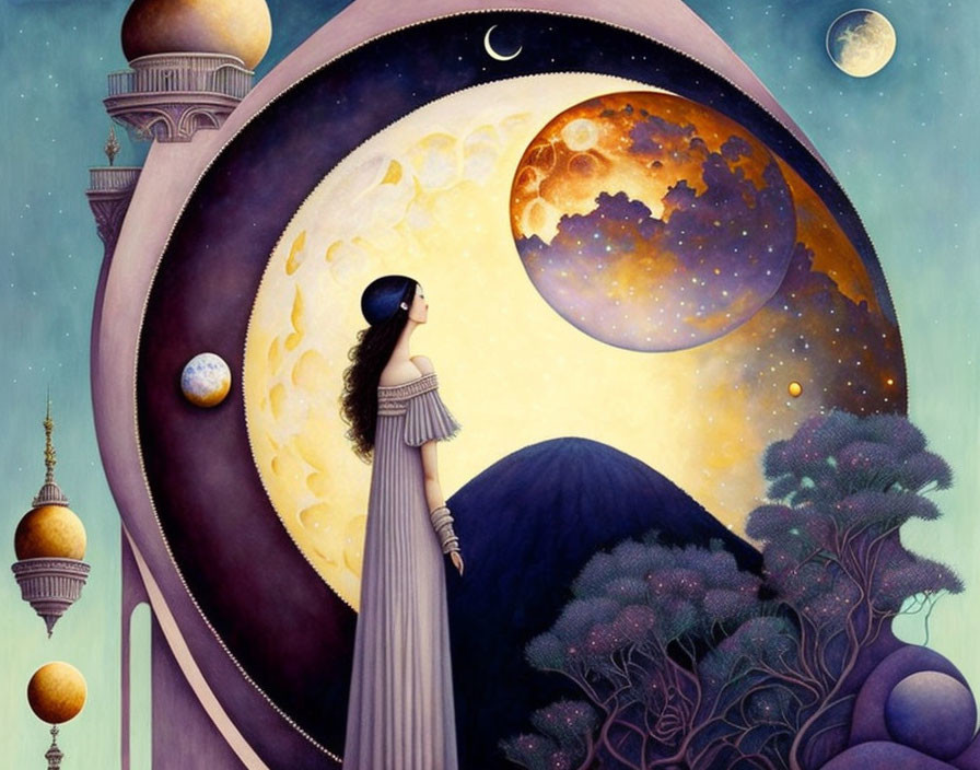 Whimsical artwork of woman gazing at detailed moon in starry sky