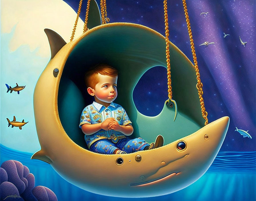 Child Swinging in Moon-Shaped Fish Swing Under Starry Sky