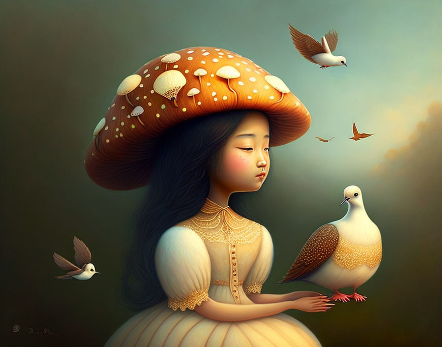 Illustration of girl with mushroom hat, birds in serene setting