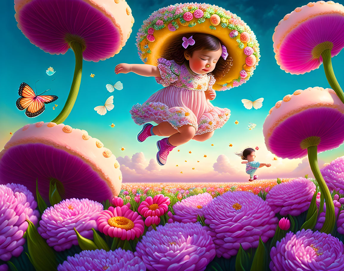 Child Floating Above Vibrant Flowers and Oversized Mushrooms