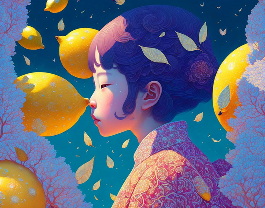 Illustration of girl with purple hair among golden lemons on dark blue background