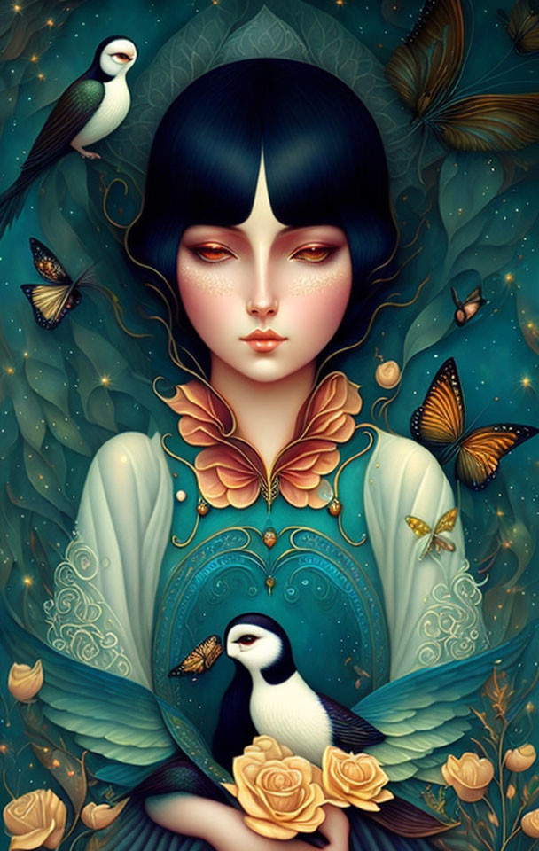 Illustration of pale-skinned woman with black hair, surrounded by butterflies, birds, and flowers in