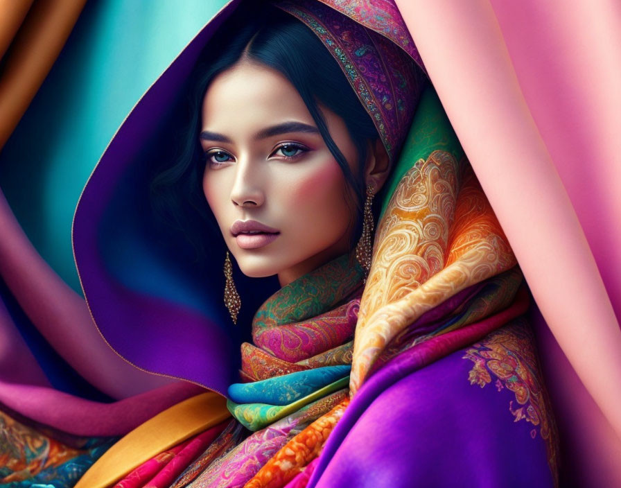 Vibrant multicolored fabrics on woman with striking features