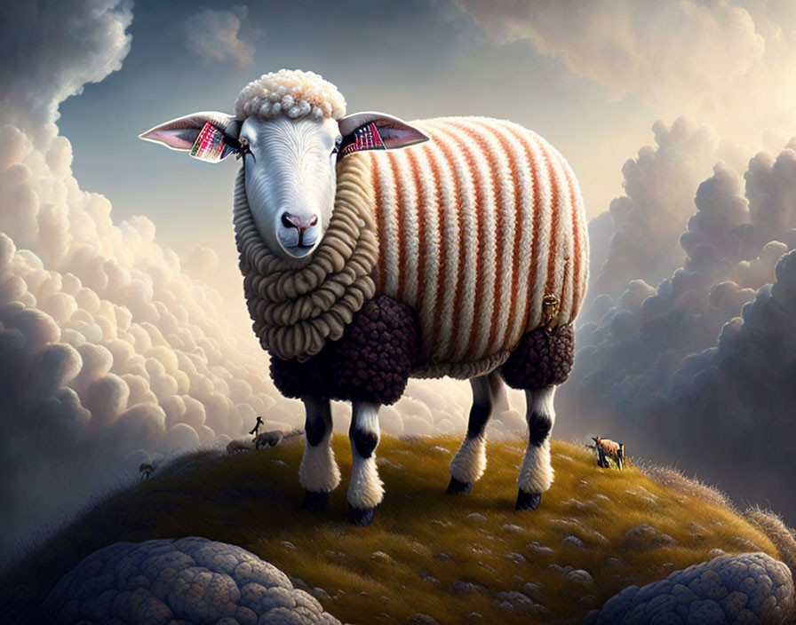 Whimsical sheep with sweater-like wool pattern in a scenic landscape