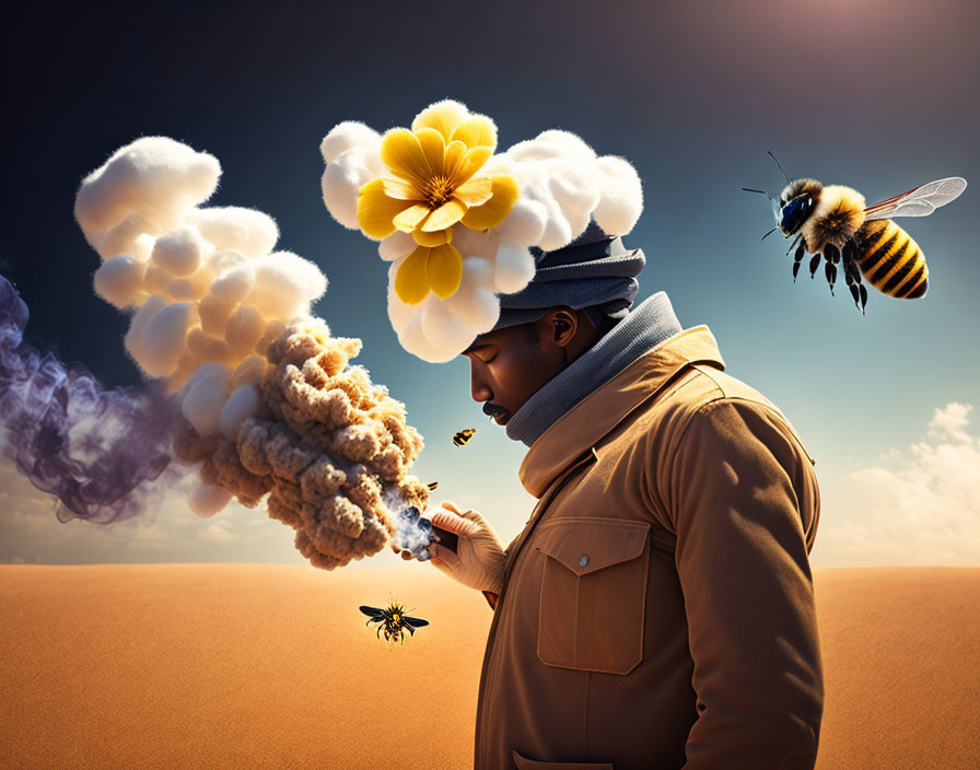 Person in Desert with Flowers, Clouds, and Bees Under Sunset Sky