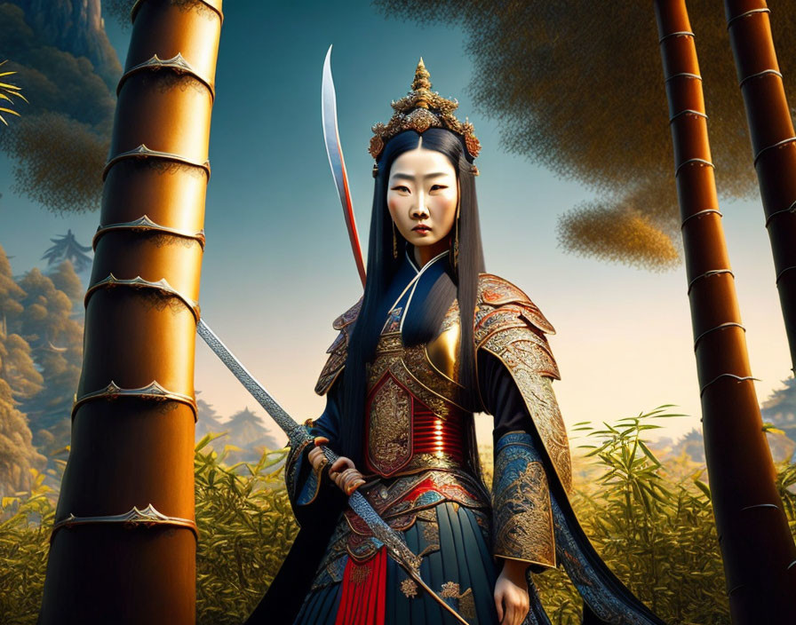 Female warrior in Eastern armor with sword in bamboo forest and mountains.