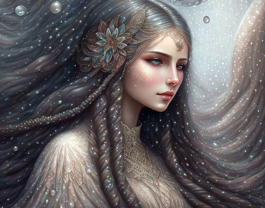 Ethereal woman with flowing hair and bejeweled headpiece against starry backdrop