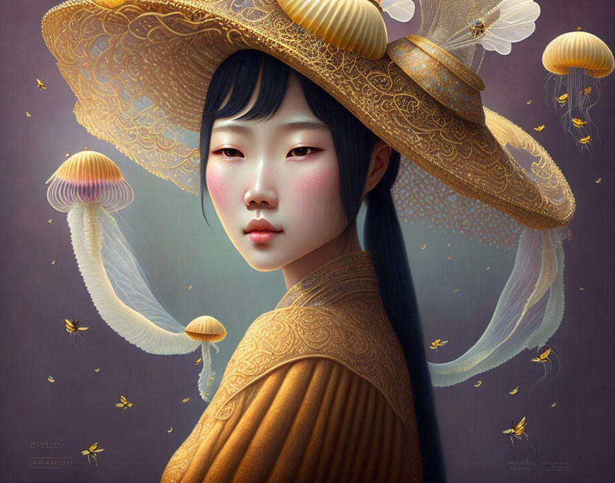 Portrait of girl with ornate hat, jellyfish, and glowing insects on muted background