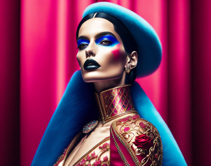 Vibrant portrait of woman with blue hair, gold outfit, against ruby backdrop