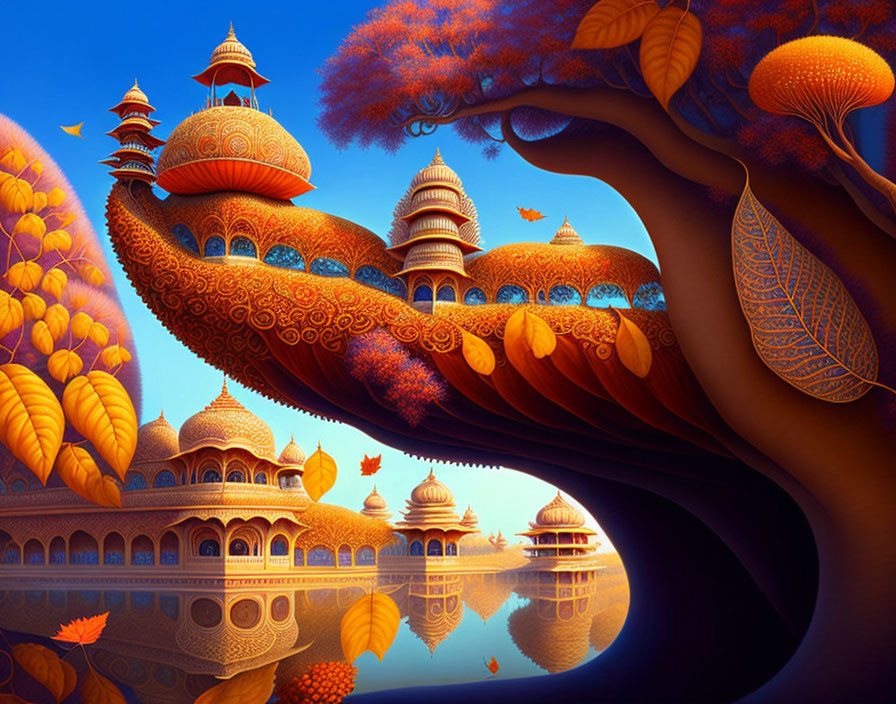 Fantastical landscape with ornate buildings and autumn trees by calm water