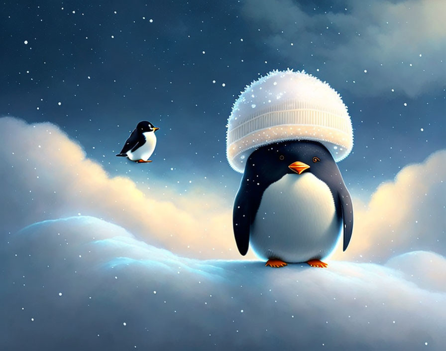 Two penguins on fluffy cloud under starry sky