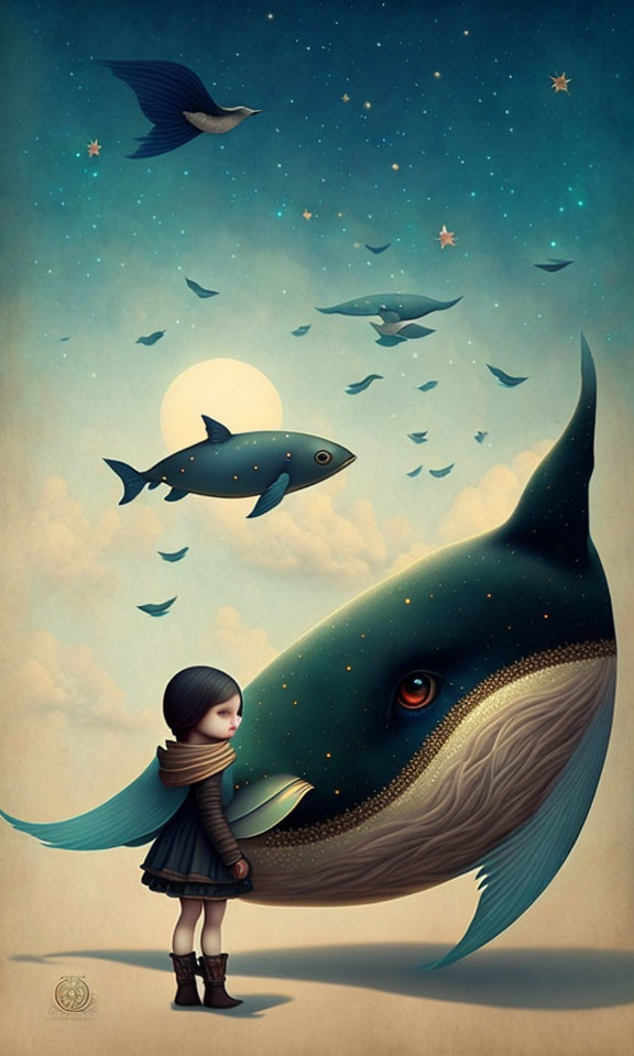 Child with giant whale in surreal sea-space illustration