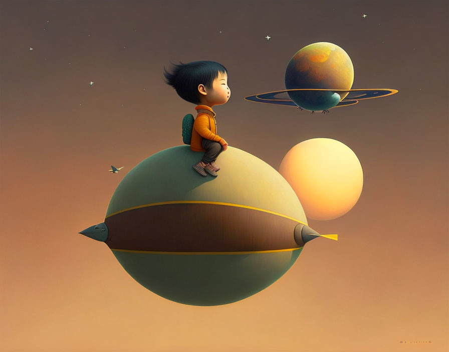 Child on fish-shaped airship gazes at planets in starlit sky