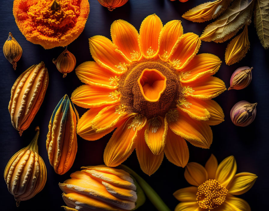 Bright orange marigold with seeds and leaves on dark background