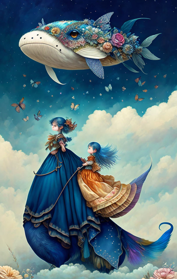 Whimsical girls in elaborate dresses on floral seahorse in dreamy sky