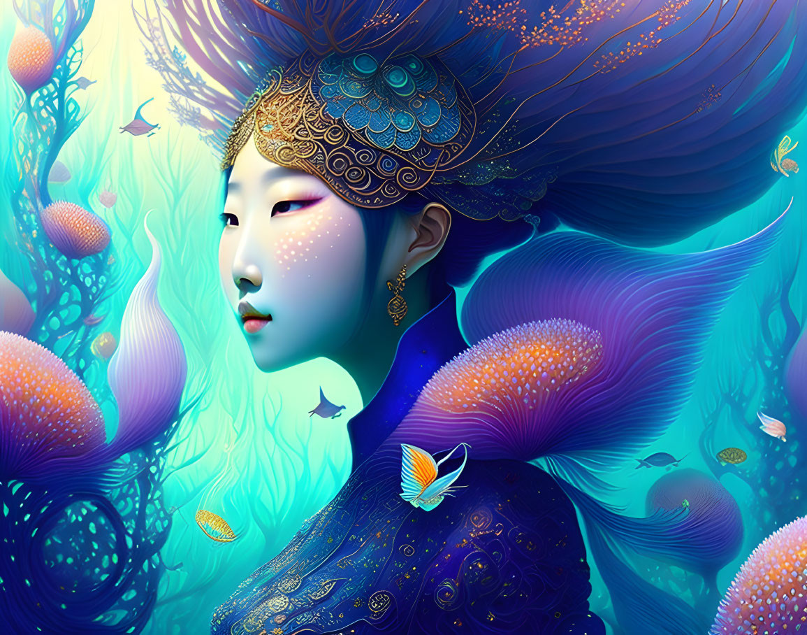 Colorful woman in peacock attire with underwater theme