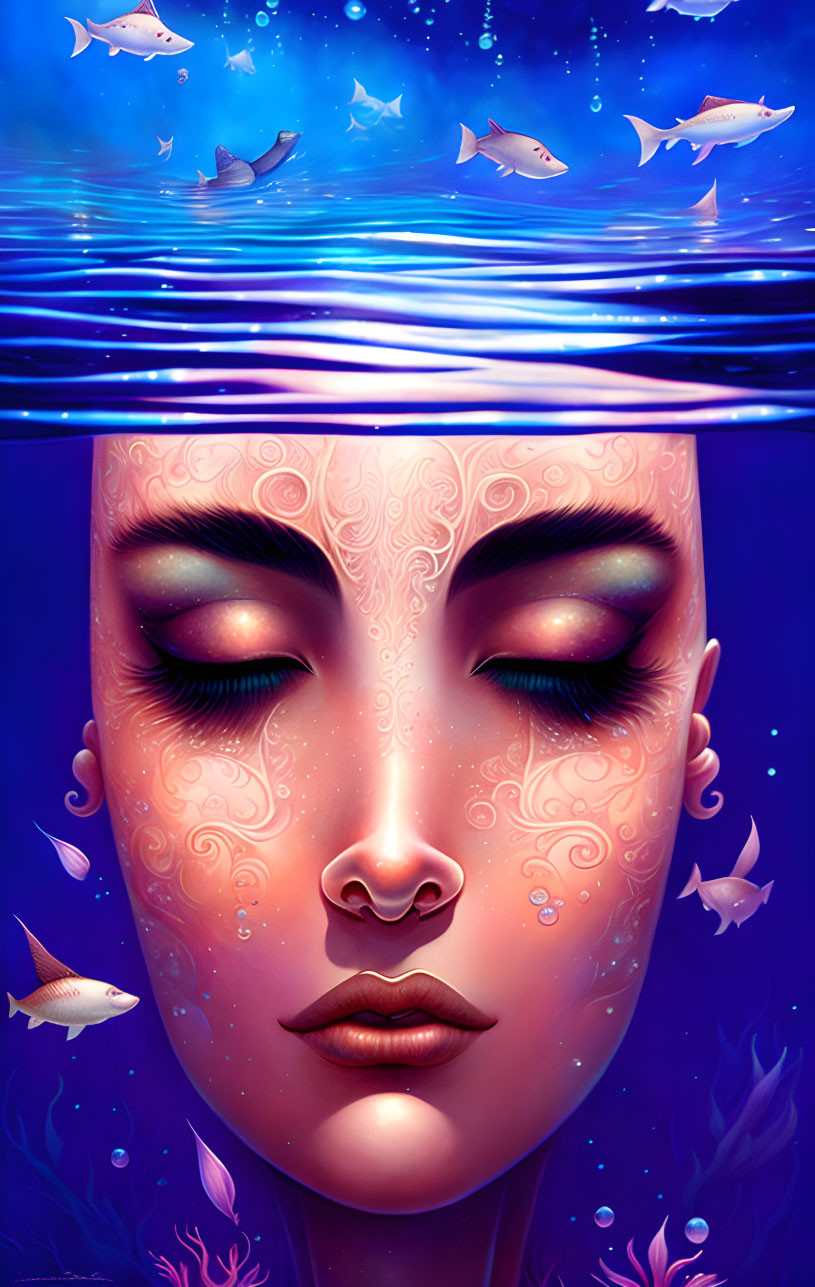 Tranquil underwater scene with serene woman's face and ornate patterns among fish and coral.