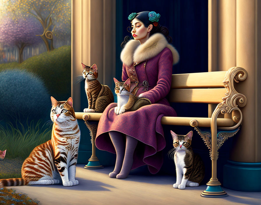 Illustration of woman on bench with cats in gold-accented setting