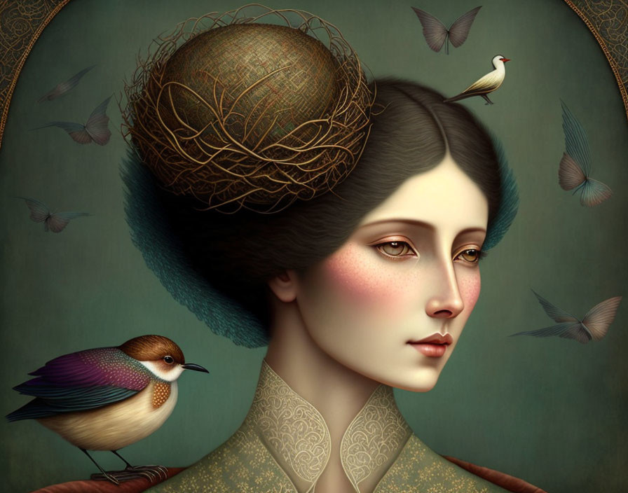 Surreal portrait of woman with nest-like hairstyle and birds in flight on green background