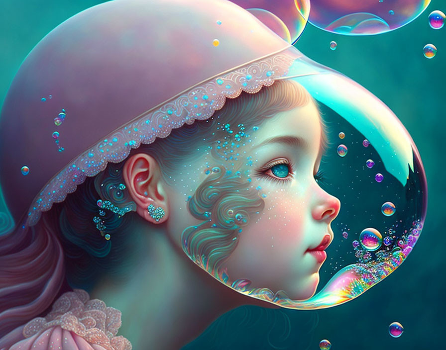 Colorful digital artwork: Girl in intricate bubble helmet mesmerized by floating bubbles