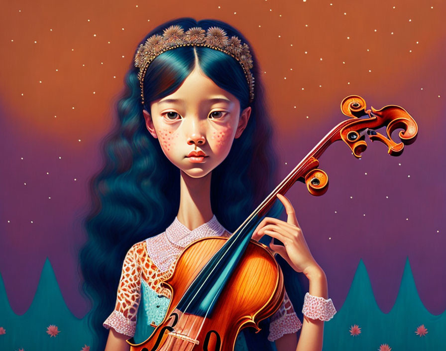 Illustrated girl with blue hair holding violin on whimsical orange backdrop