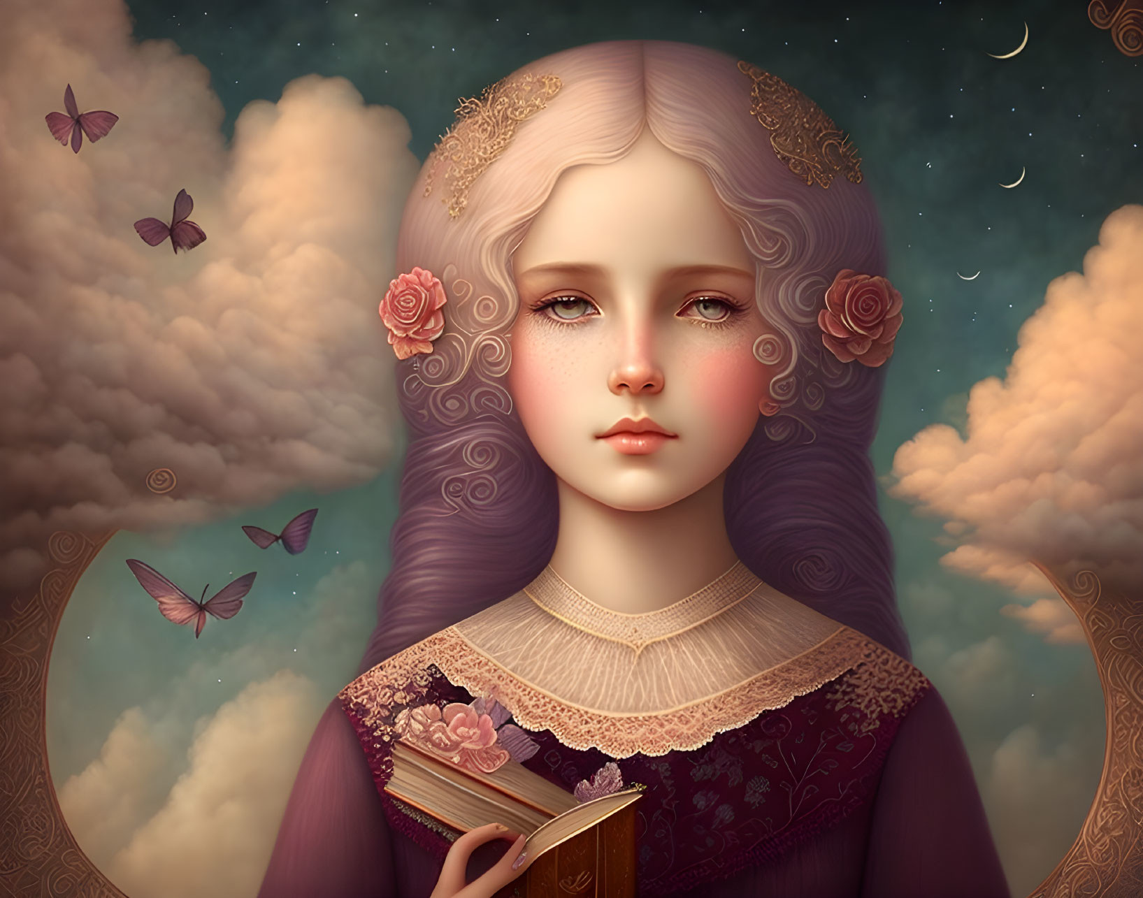 Digital artwork featuring young girl with purple hair holding book, set in whimsical scene