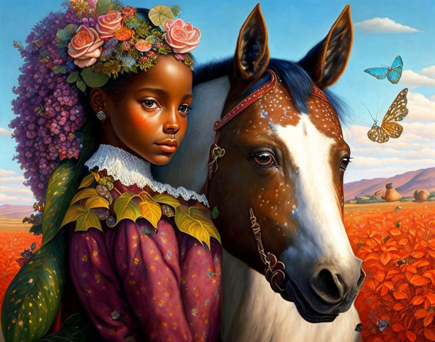 Girl with floral adornments and horse in field with butterflies - Nature-themed artwork