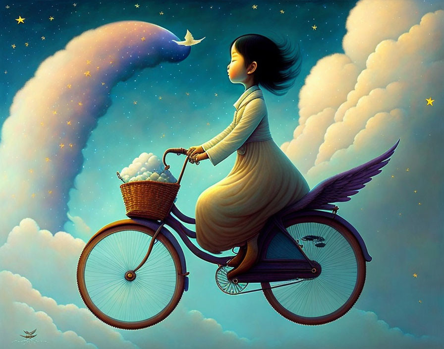 Illustration of winged girl biking in sky with star trail, clouds in basket