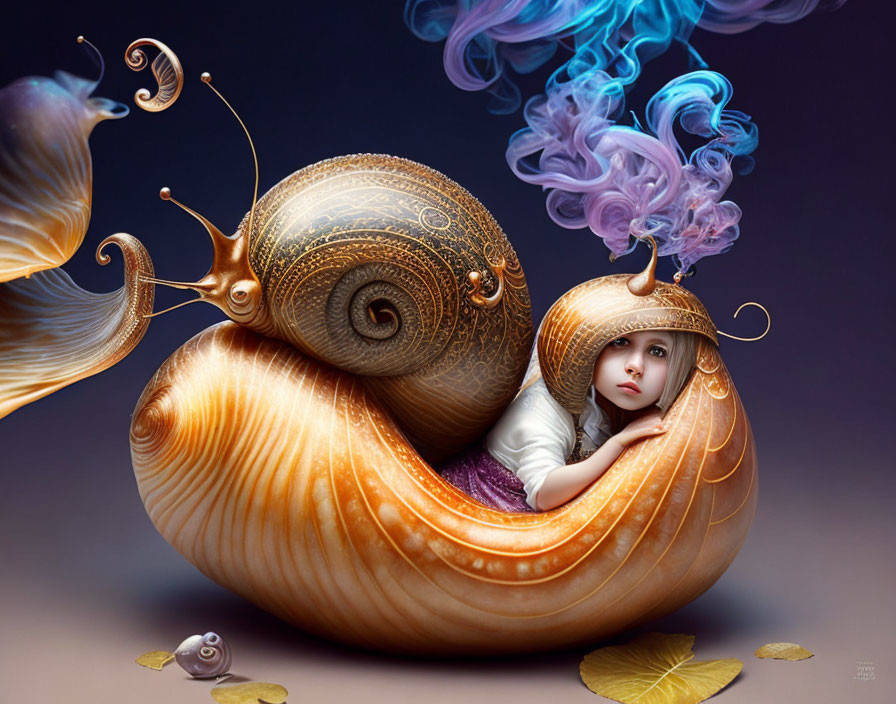 Child in ornate snail shell with golden tendrils and blue smoke