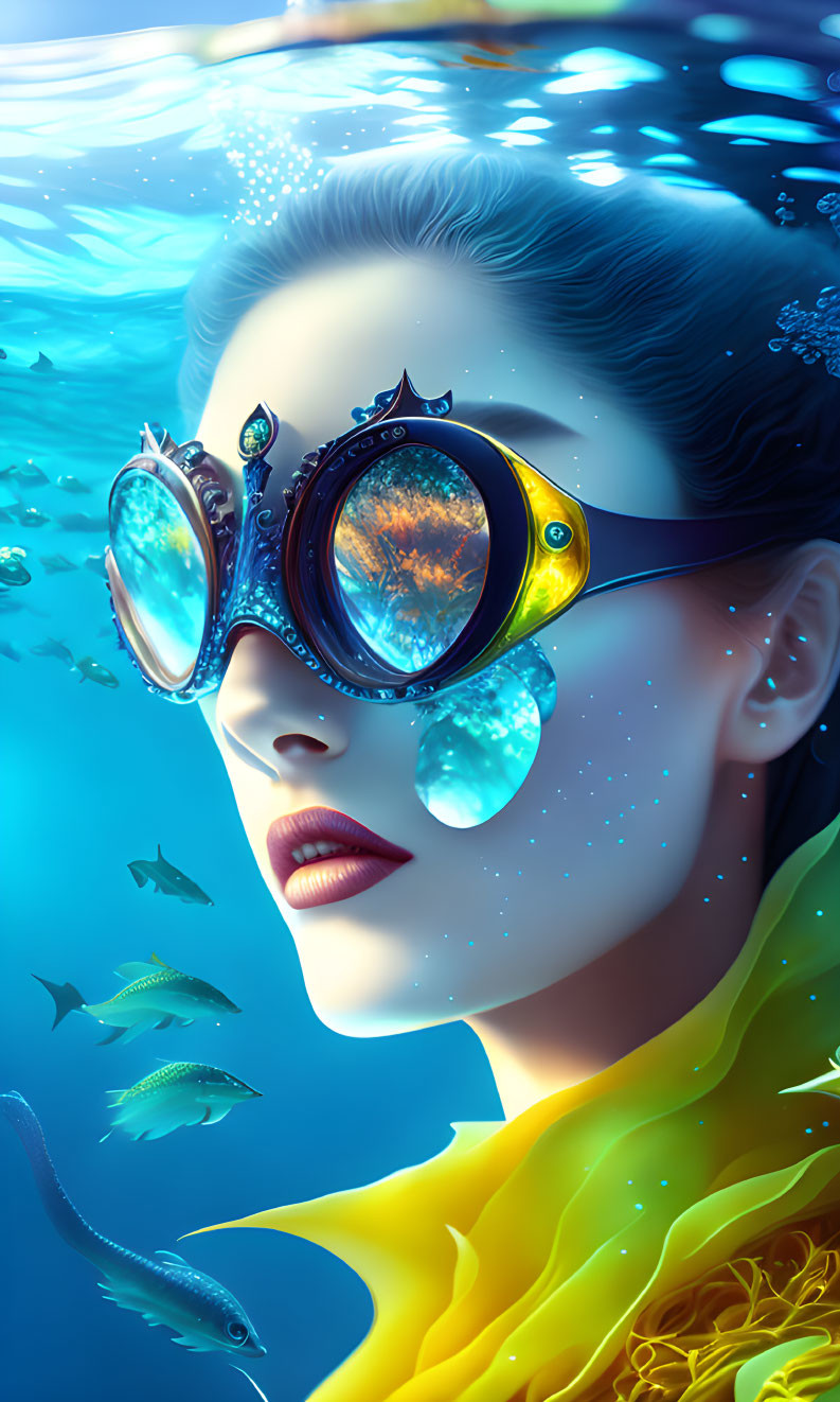 Vibrant digital artwork: woman underwater with fish and colorful light.