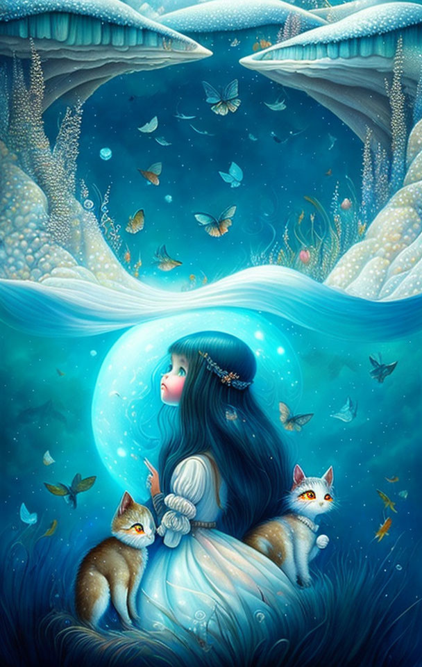 Fantasy illustration of girl with bubble, foxes, whales, and butterflies