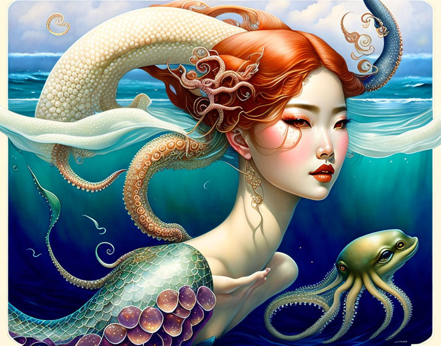 Vibrant red-haired mermaid with tentacle accessories in surreal ocean scene with whimsical turtle