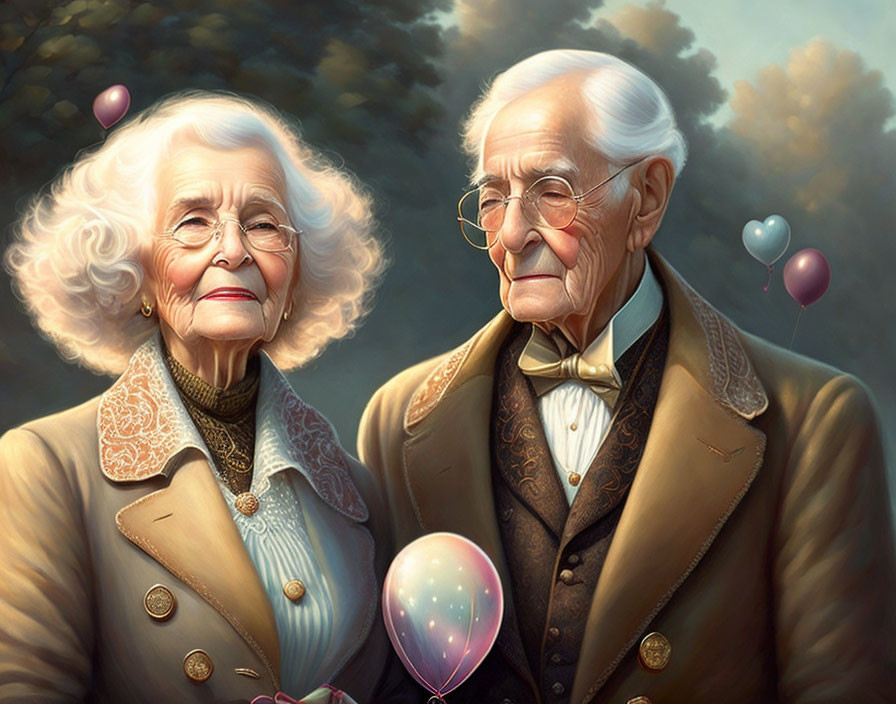 Elderly couple holding balloons in serene setting